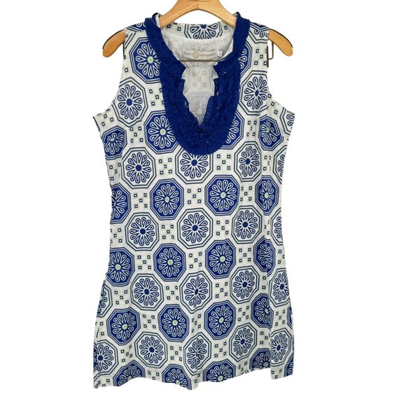 Tracy Negoshian Blue White Sleeveless dress cotton Ruffle Neckline size large - Picture 1 of 11